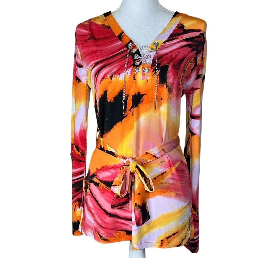 Carmen Marc Valvo Tunic V Neck Chain Long Roll Up Sleeve Tropical Coral Pink SM